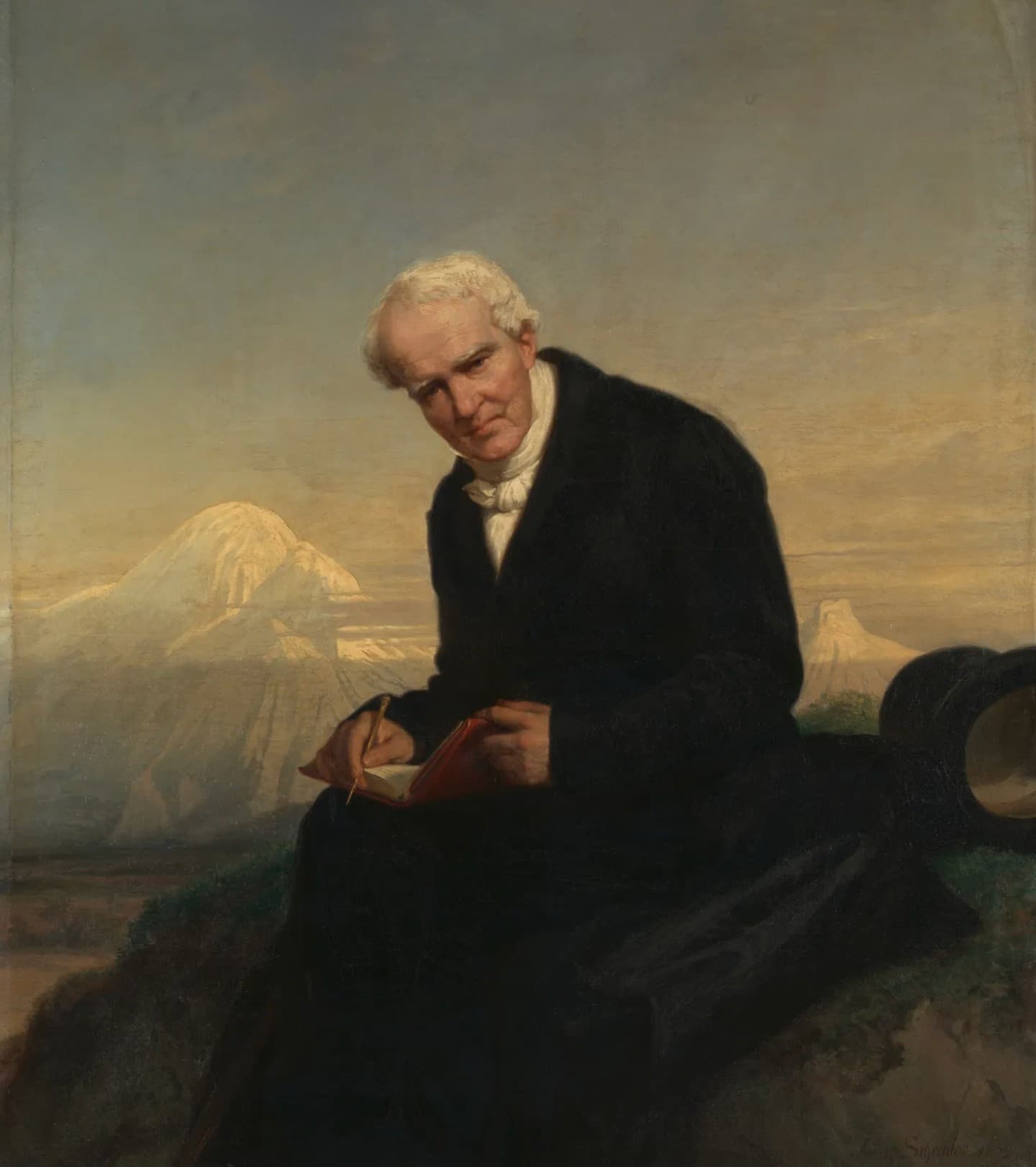 A large portrait of Alexander von Humboldt with Chimborazo beyond